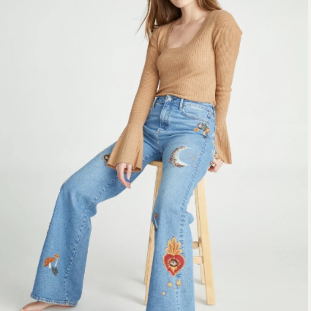 Driftwood Charlee Wide Leg Hallucination Embroidered Blue Women's Jeans